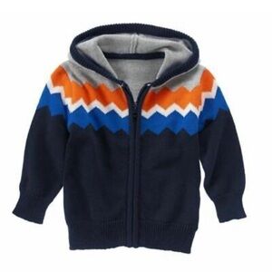 Gymboree toddler boys Chevron zip cardigan sweater hooded grey/blue/orange 3T